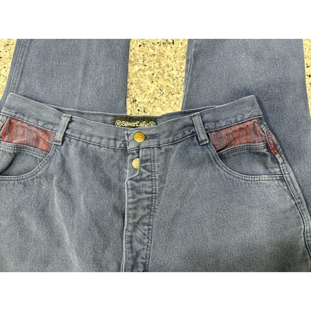 Vintage Wrangler Silverlake Button Fly Bare Back Jeans Blue W/Red Accent 32”x34”